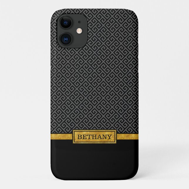 Chic Gold Name and Black Greek Key Pattern Case-Mate iPhone Case (Back)