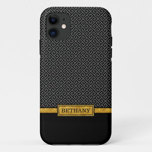 Chic Gold Name and Black Greek Key Pattern iPhone 11 Case