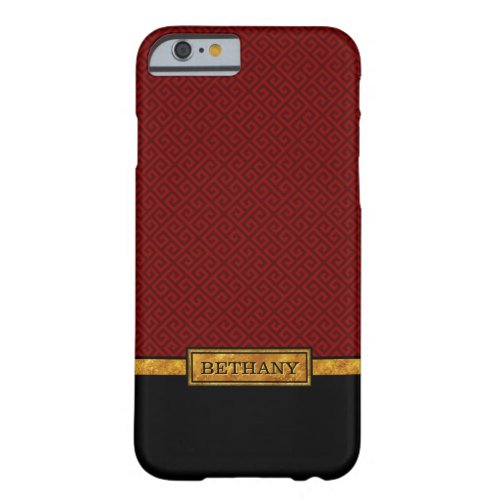 Chic Gold Name and Red Greek Key Pattern Barely There iPhone 6 Case