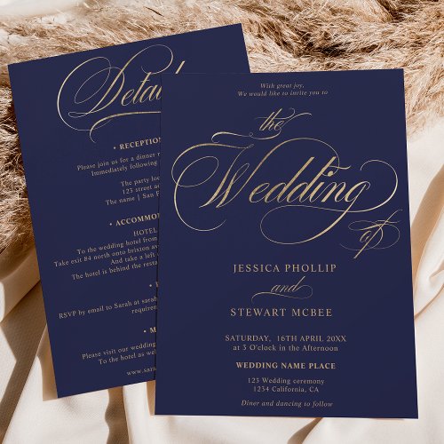 Chic gold navy all in one calligraphy wedding invitation
