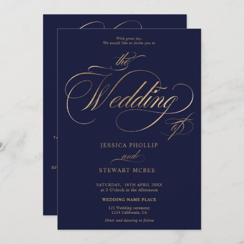 Chic gold navy all in one calligraphy wedding invitation - Chic and elegant faux gold foil all in one calligraphy wedding invitation with rsvp, accommodations, details, and more info. With a beautiful brush calligraphy script on editable navy blue.
