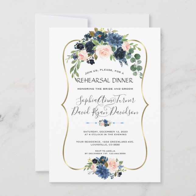 Chic Gold Navy Blue Blush Flowers Rehearsal Dinner Invitation (Front)
