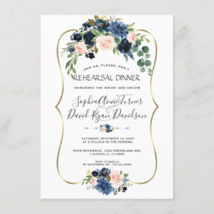 Chic Gold Navy Blue Blush Flowers Rehearsal Dinner Invitation