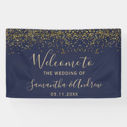 Chic gold navy blue confetti typography wedding banner