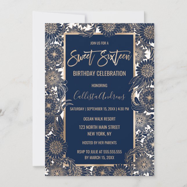 Chic Gold Navy Blue Floral Illustration Sweet 16 Invitation (Front)