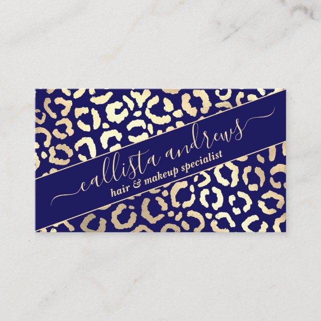 Chic Gold Navy Blue Leopard Cheetah Animal Print Business Card (Front)