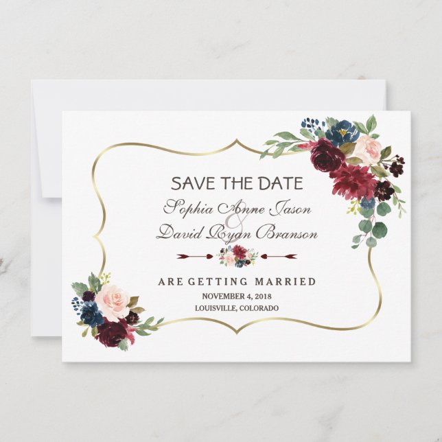 Chic Gold Navy Blue Merlot Floral Save The Date (Front)