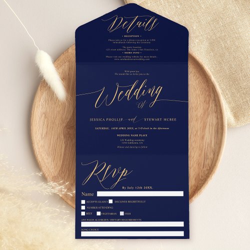 Chic gold navy blue modern calligraphy wedding all in one invitation