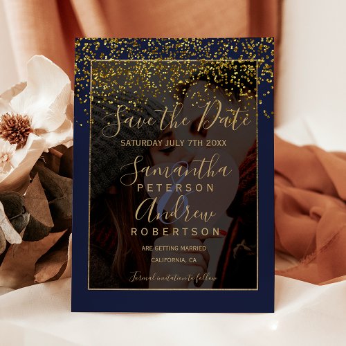 Chic gold navy blue save the date photo wedding