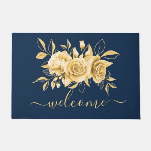 Chic Gold Navy Floral Watercolor Welcome Doormat