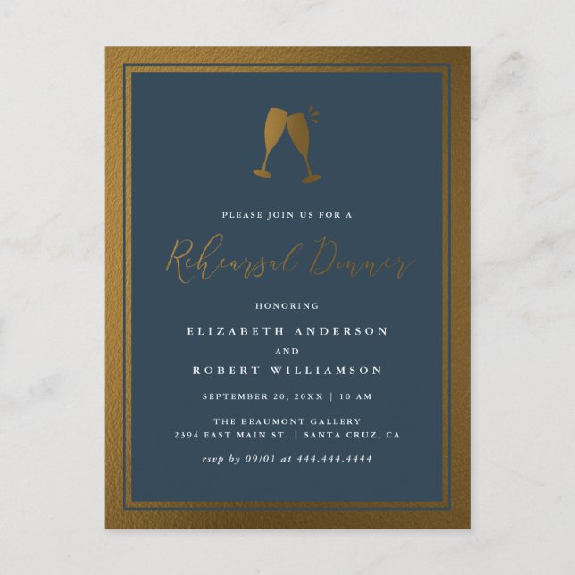 Chic Gold & Navy Flutes Rehearsal Dinner Invitation Postcard (Front)
