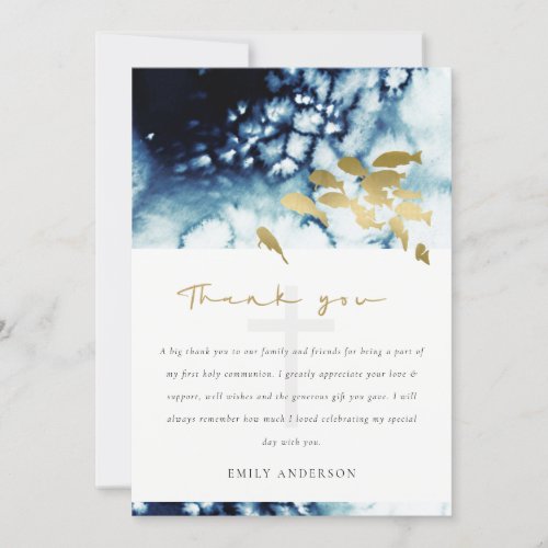 CHIC GOLD NAVY UNDERWATER FISH HOLY COMMUNION THAN THANK YOU CARD