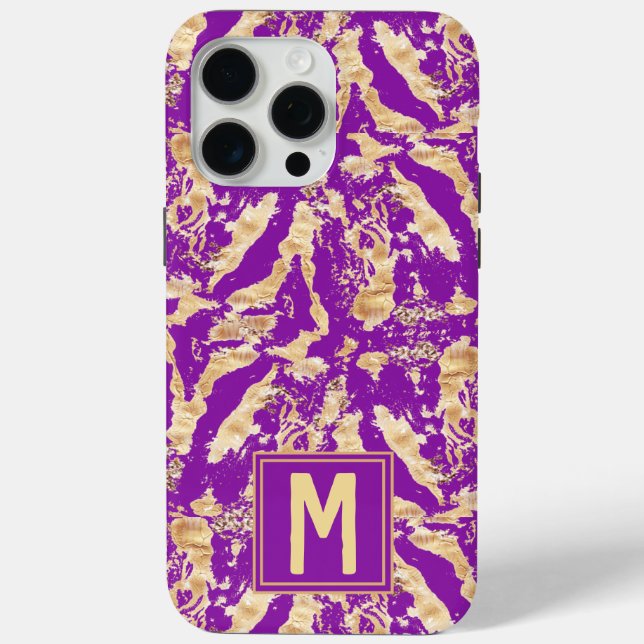 Chic Gold on Purple Marble Stylish Custom Monogram Case-Mate iPhone Case (Back)