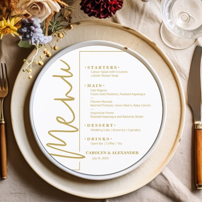 Chic Gold on White Round Menu (Chic white round menu with your details in gold lettering (not metallic))