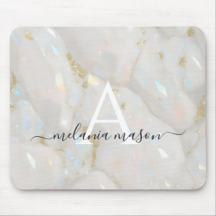 Chic Gold Opal Gemstone Marble Monogram Mouse Pad