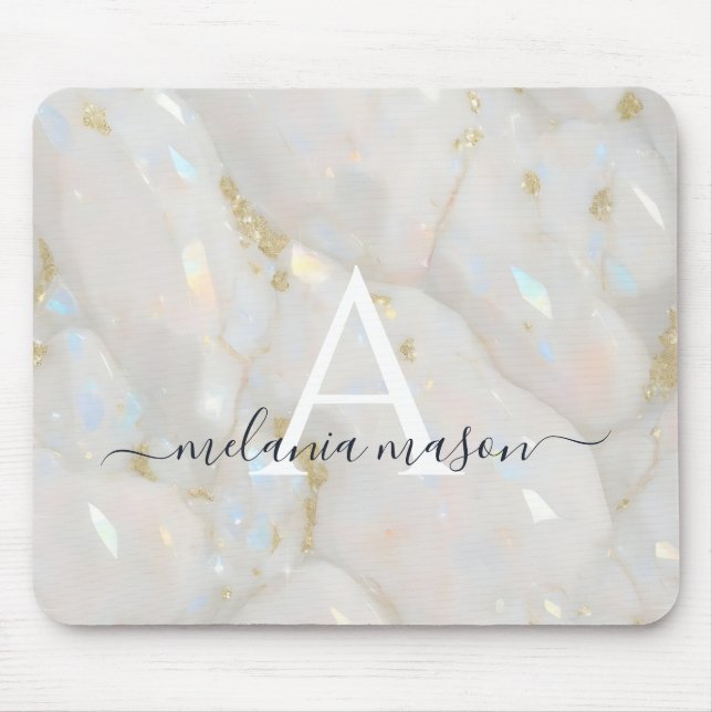 Chic Gold Opal Gemstone Marble Monogram Mouse Pad (Front)