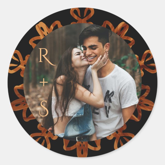 Chic Gold Ornamental Photo Wedding Classic Round Sticker (Front)