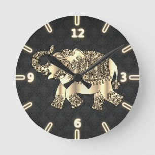 Chic Gold Paisley Floral Elephant,Black Damask Round Clock