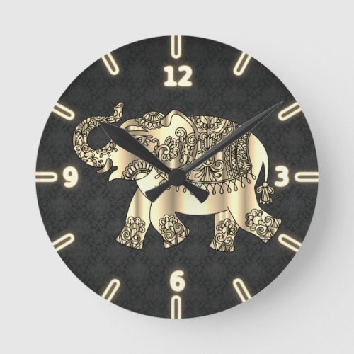 Chic Gold Paisley Floral ElephantBlack Damask Round Clock