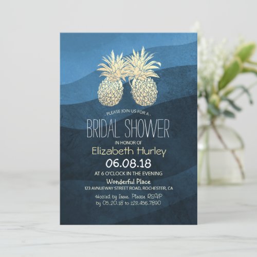 Chic Gold Pineapple Couple Blue Wave Bridal Shower Invitation