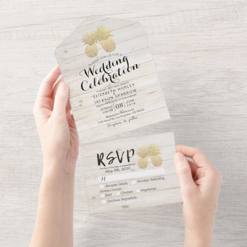 Chic Gold Pineapple Couple White Wood Wedding RSVP All In One Invitation