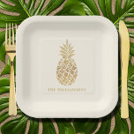 Chic Gold Pineapple  Paper Plates<br><div class="desc">Square paper plates personalized with your family name and a gold pineapple on an ivory background,  these plates are beautiful for entertaining or to give as a gift. MATCHING items in our collection.</div>