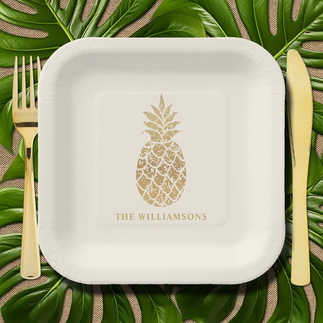 Chic Gold Pineapple  Paper Plates (Chic gold pineapple personalized square ivory paper plates)