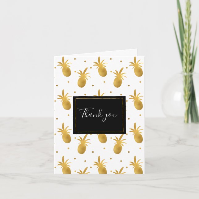 Chic Gold Pineapples and Dots Thank you Card (Front)