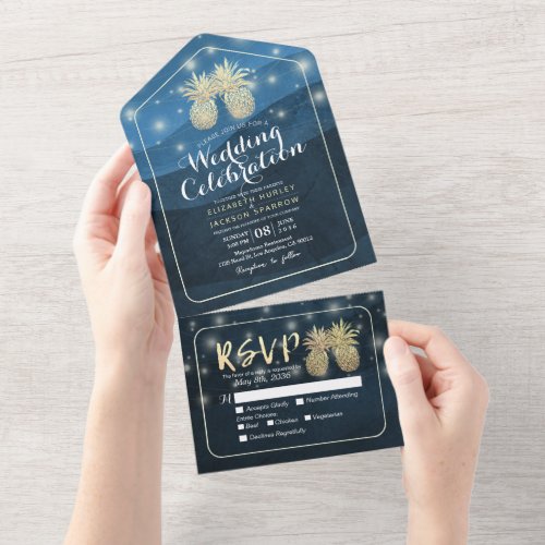 Chic Gold Pineapples Couple Navy Blue Wedding RSVP All In One Invitation