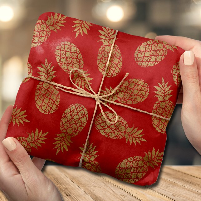 Chic Gold Pineapples Tropical Red Tissue Paper (Creator Uploaded)