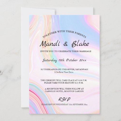 Chic Gold Pink Blue Holographic Wedding Invitation