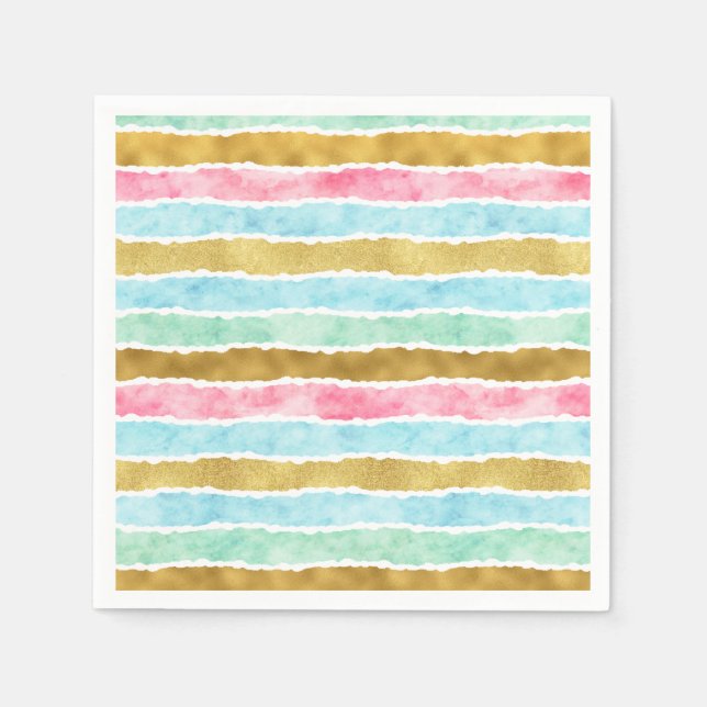 Chic Gold Pink Blue Mint Stripes Birthday Paper Napkins (Front)