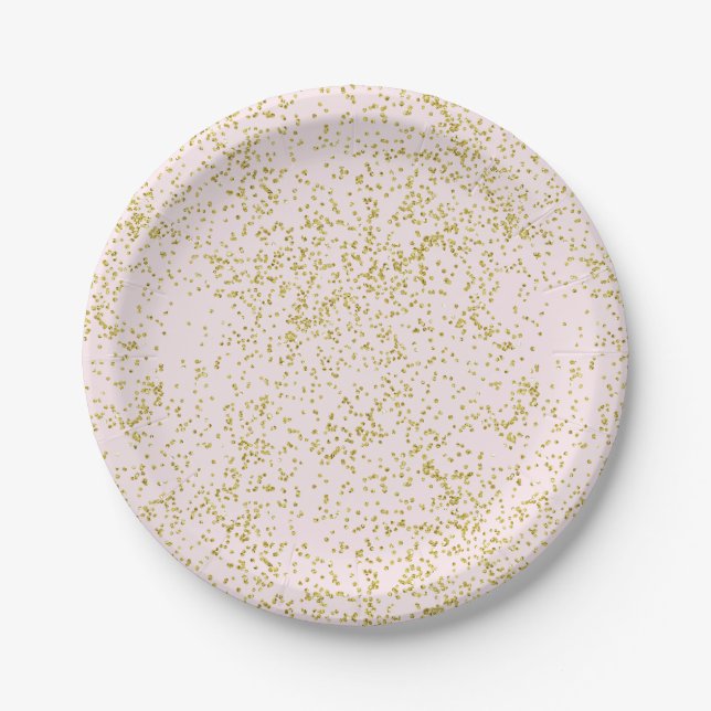 Chic Gold Pink Blush Confetti Sparkle Paper Plates (Front)