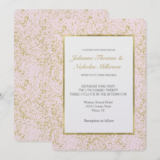 Chic Gold Pink Blush Confetti Sparkle Wedding Invitation (Front/Back)