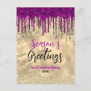 Chic gold pink glitter drips Christmas new year Postcard