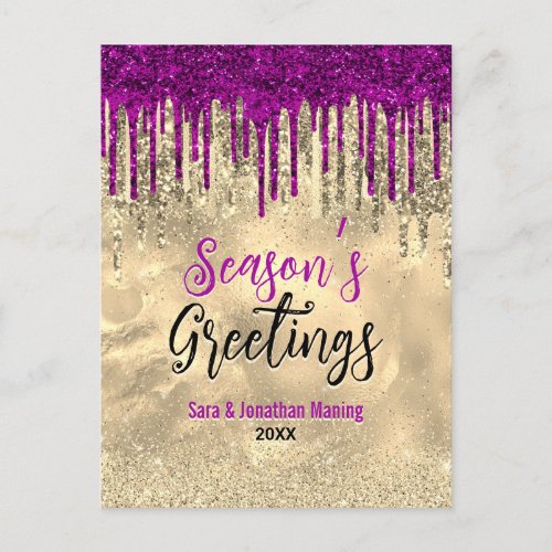 Chic gold pink glitter drips Christmas new year  Postcard
