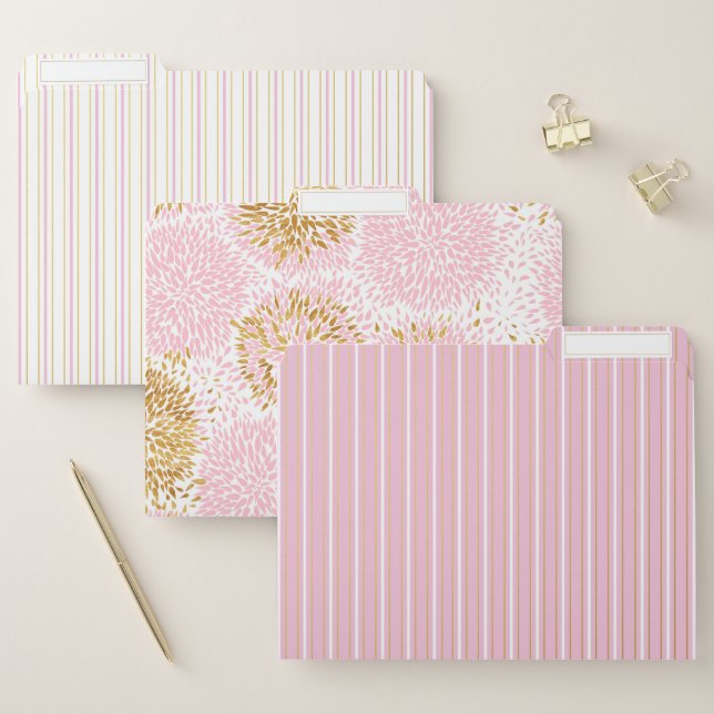 Chic Gold & Pink Stripes & Foral Patterns File Folder (Set)