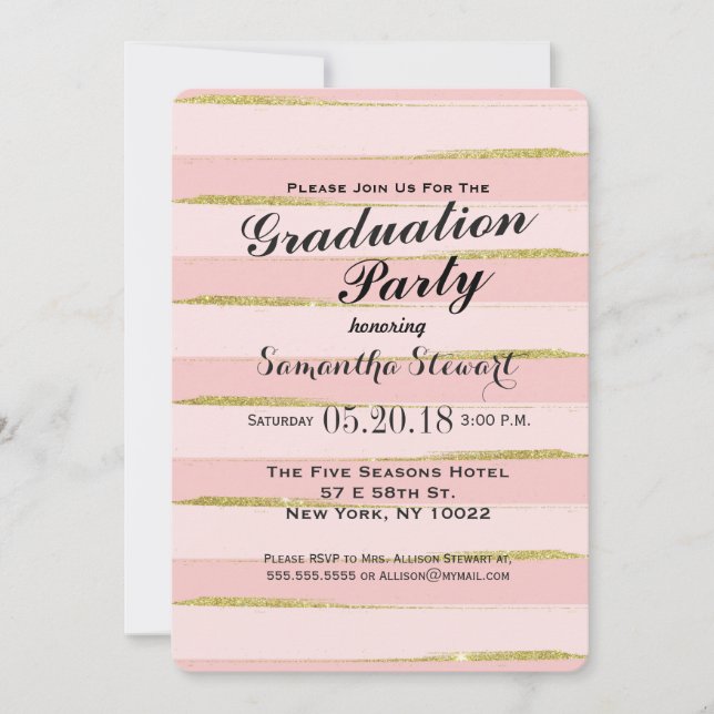 Chic Gold Pink Stripes Graduation Party Invitation (Front)