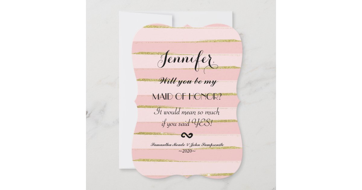 Chic Gold Pink Stripes Maid of Honor Invitations | Zazzle