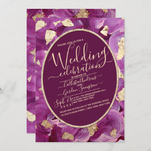 Chic Gold Plum Lilac Acrylic Brushstroke Wedding Invitation