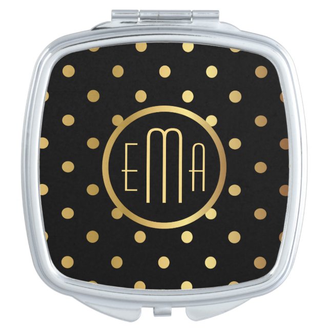 Chic Gold Polka Dots on Black with Any Monogram Vanity Mirror (Front)