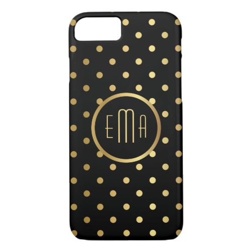 Chic Gold Polka Dots on Black with Monogram iPhone 87 Case