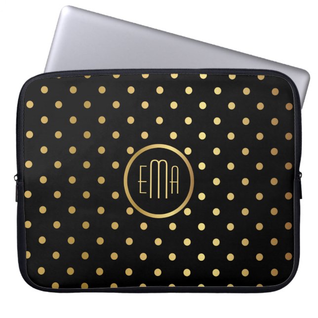 Chic Gold Polka Dots on Black with Monogram Laptop Sleeve (Front)