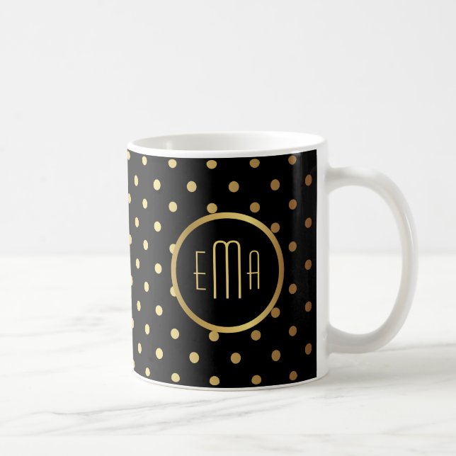 Chic Gold Polka Dots on Black with Your Monogram Coffee Mug (Right)
