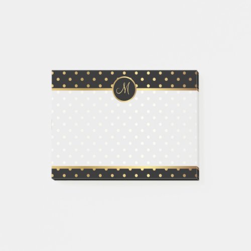 Chic Gold Polka Dots on Black with Your Monogram Post_it Notes