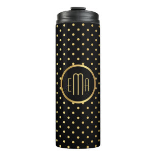 Chic Gold Polka Dots on Black with Your Monogram Thermal Tumbler