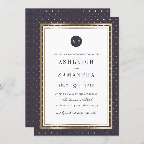 Chic Gold Polka Dots  Purple Rehearsal Dinner Invitation