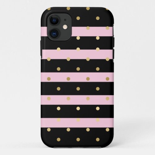 Chic Gold_Polka Dots With Black  Pink Stripes  Ca iPhone 11 Case