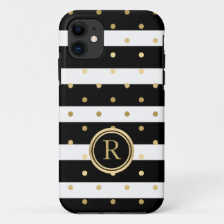 Chic Gold-Polka Dots With Black & White Stripes iPhone 11 Case