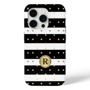 Chic Gold-Polka Dots With Black & White Stripes iPhone 15 Pro Case